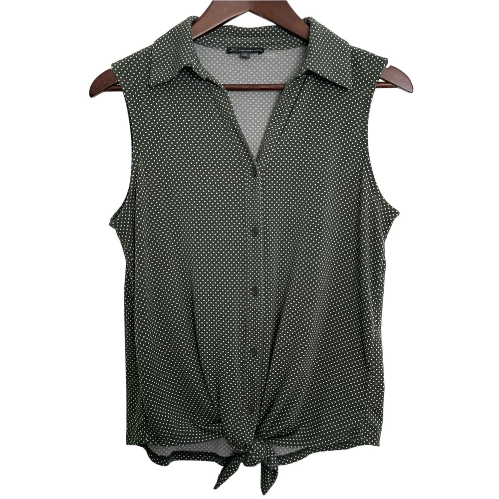 Adrianna Papell S Olive Green Polka Dot Sleeveless Button Front Tie Hem Blouse